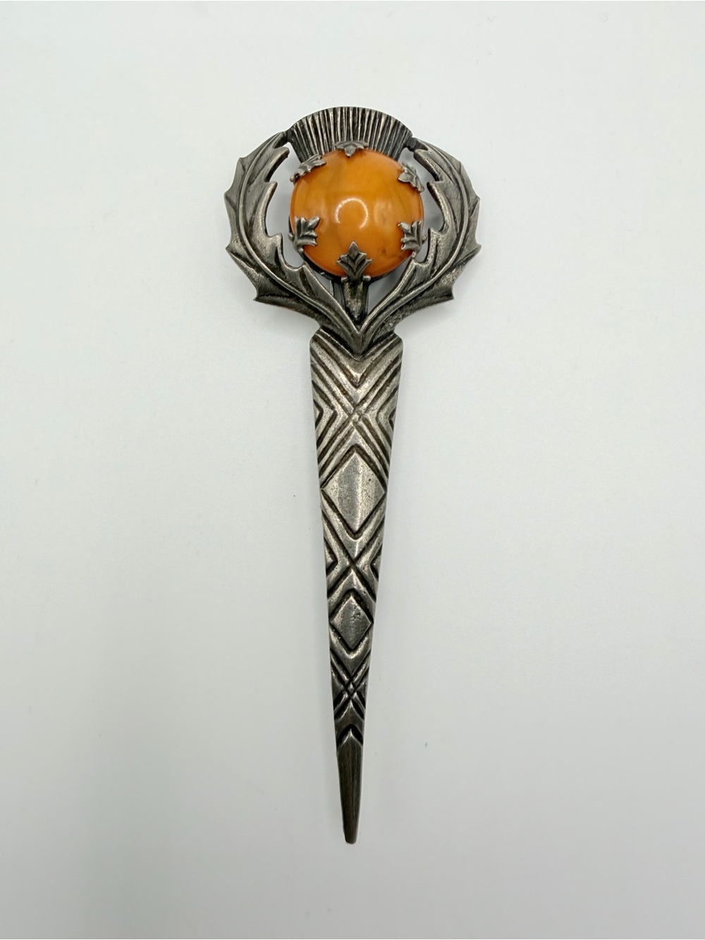 Vintage Scottish Thistle Kilt Pin Brooch w/ Amber Cabochon | Celtic Revival Lape